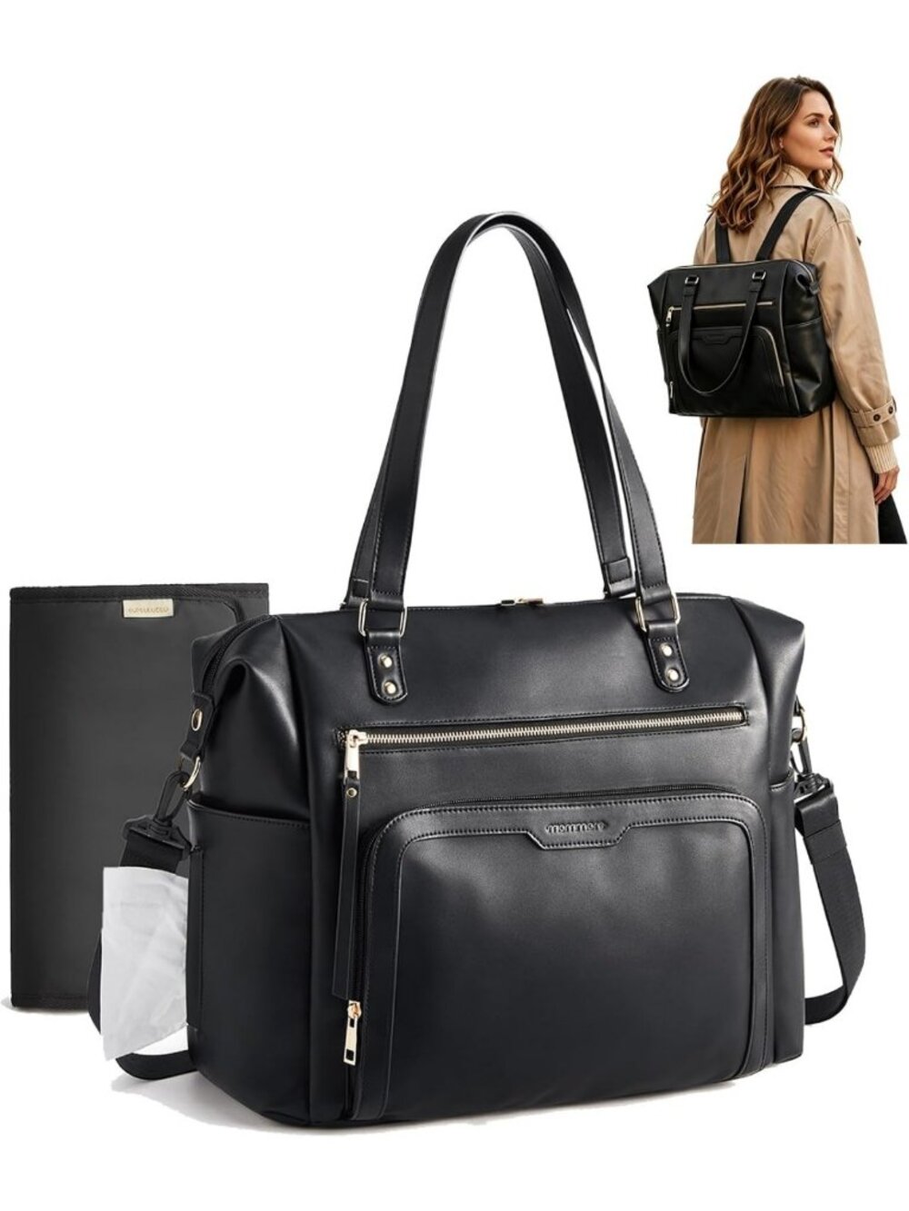 Stylish PU Leather Convertible Diaper Bag Backpack & Crossbody Tote for Moms